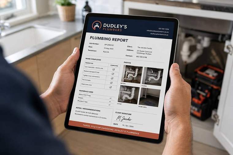 Dudley's Plumbers branded plumbing report on tablet — for insurance and body corporates